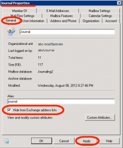 Hiding the Journal User from the Exchange Address Book