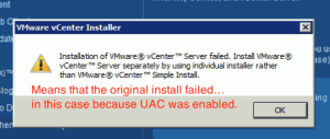 vmware UAC simple install failure