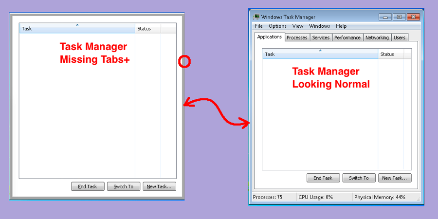 windows task manager lost tabs windows 7